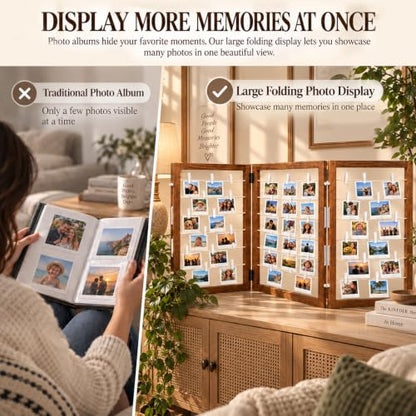 54x24 Inch Wood Photo Hanging Boards with Clips - 3-Panel Rustic Display
