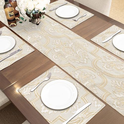 Damask Jacquard Table Runner Beige Gold 13x108 Inches Elegant Decor