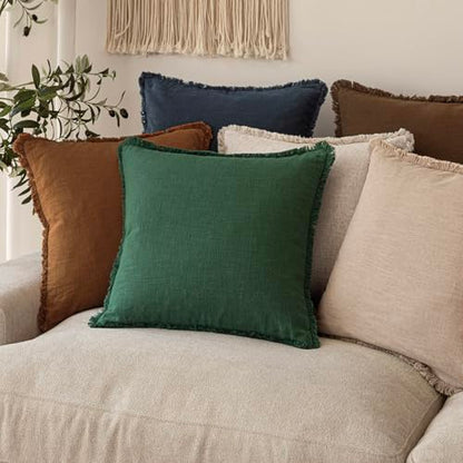 Foindtower Set of 2 Decorative Linen Fringe Throw Pillow Covers Cozy Farmhouse Cushion Cover with Tassels Accent Pillowcase for Couch Chair Sofa Bed Living Room Home Decor,18×18 Inch,Dark Olive Green
