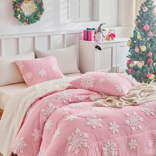Pink Snowflake Queen Comforter Set Flannel Fleece Sherpa Winter Bedding