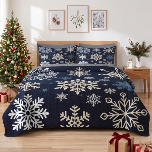 Queen Snowflake Quilt Set - Winter Christmas Bedding 3 Pieces