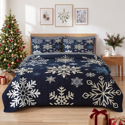 Queen Snowflake Quilt Set - Winter Christmas Bedding 3 Pieces