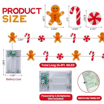 Battery-Operated Christmas Lights 16ft Gingerbread & Candy Cane Ornaments, 40 LEDs Timer