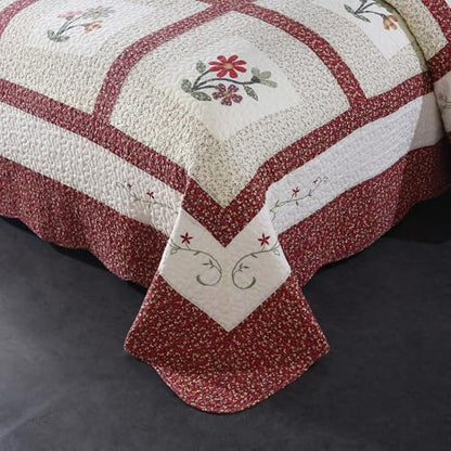Red Floral Embroidered Cotton Quilt Set with Pillow Shams - Queen