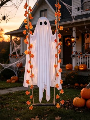Outdoor Halloween Ghost Decor with String Lights, 4.4ft Spooky Ghost Swing