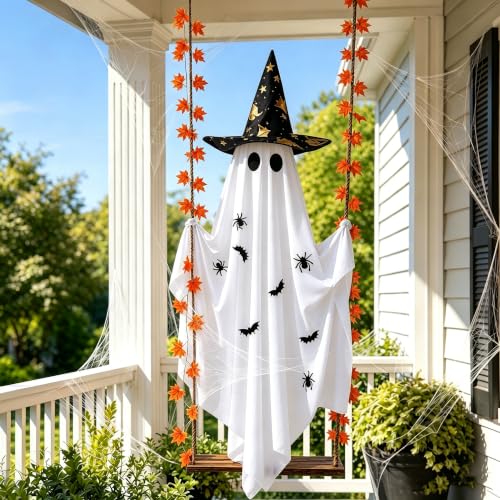 Large Outdoor Hanging Ghost Decor with Witch Hat & LED Lights - 5.4FT Halloween Yard & Porch Decoration