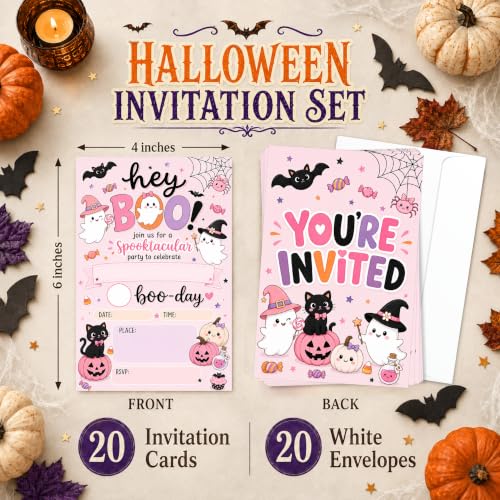 Pink Boo Ghost Halloween Birthday Party Invitations - 20 Pack with Envelopes