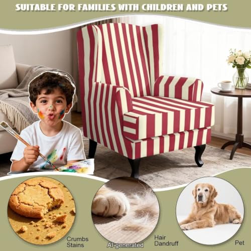 Red Stripes Wingback Chair Cover 2-Piece Stretch Slipcover for Armchair Protection