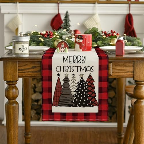 Christmas Table Runner 13 x 90 Inches with Red Christmas Tree Pattern - Burlap Linen Decor