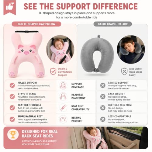 Kids Car Pillow with Animal Design, Neck Support & Seat Belt Slot - Dog Variation