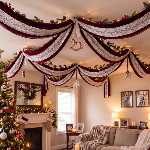 Burgundy Velvet and Lace Ceiling Draping Kit for Christmas Wedding - Variation: Burgundy
