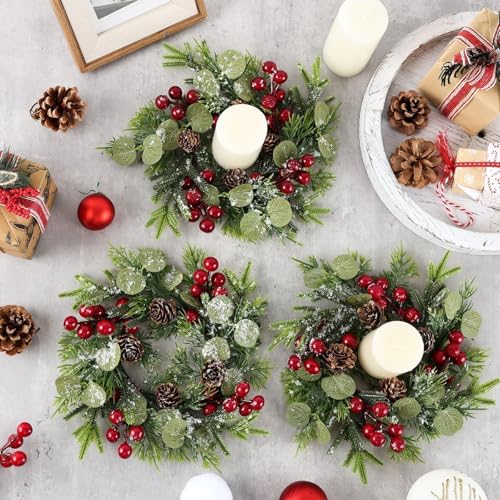 Christmas Candle Ring Set - 12 Mini Red Berry Pine Wreaths for Holiday Decor - Variation of Christmas / 12