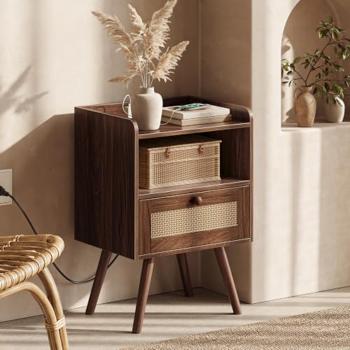 Superjare Nightstands Set of 2 with Charging Station, 11.8 x 15.9 x 23.4 Inches, Dark Walnut