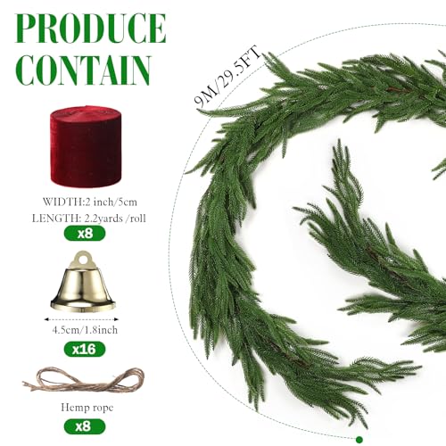 29.5 ft Artificial Norfolk Pine Garland Christmas Decor with Ribbons & Bells