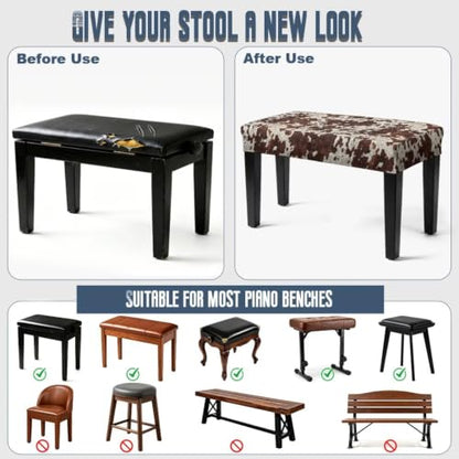 Dark Brown Cow Print Piano Stool Cover Small Slipcover with Bottom Straps