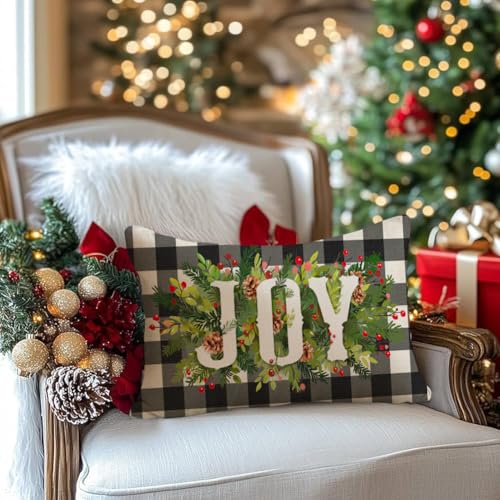 Christmas Pillow Covers 12x20 Black and Beige Buffalo Plaid Joy Wreath Outdoor Lumbar Set