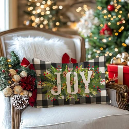 Christmas Pillow Covers 12x20 Black and Beige Buffalo Plaid Joy Wreath Outdoor Lumbar Set