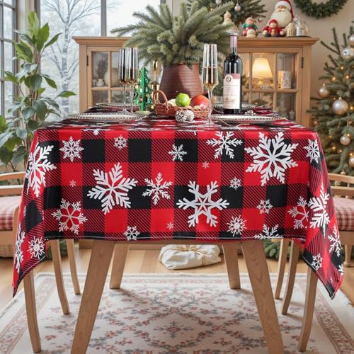 SASTYBALE Christmas Tablecloth 60x102 Inches Red Plaid Snowflake Design - Black & Red Variant