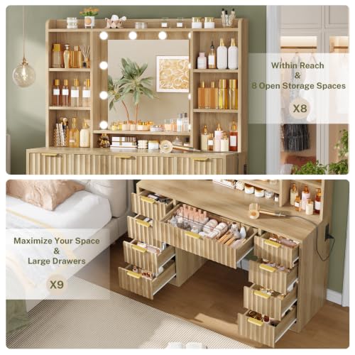 Fluted Vanity Desk with Mirror & 9 Drawers, 6 Open Shelves, 10 Bulbs, 3 Lighting Modes, Built-in Outlet