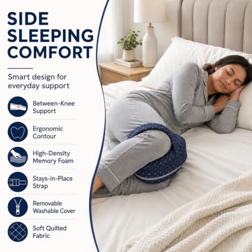 Heart-Shaped Jacquard Navy Knee Support Pillow for Side Sleepers with Adjustable Strap