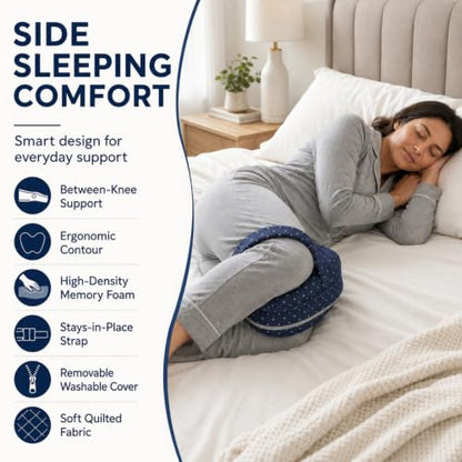 Heart-Shaped Jacquard Navy Knee Support Pillow for Side Sleepers with Adjustable Strap