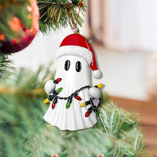 Christmas Ghost Ornament with Santa Hat - Resin Holiday Hanging Decor