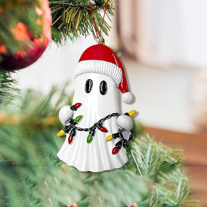 Christmas Ghost Ornament with Santa Hat - Resin Holiday Hanging Decor
