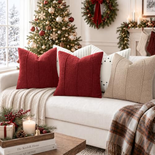 Christmas Red Boucle Pillow Covers Set of 2 - 24x24 Textured Holiday Decor