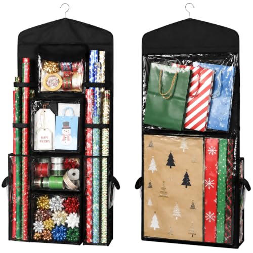 Large Double-Sided Hanging Gift Wrap Organizer with Pockets - Black