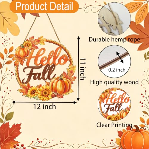 Fall Door Wreath Decor with Pumpkins Sunflowers & Hello Fall Sign