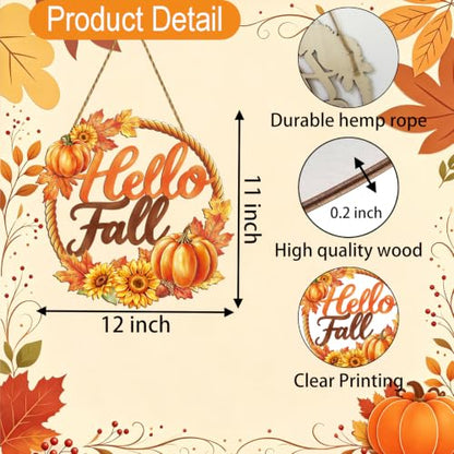 Fall Door Wreath Decor with Pumpkins Sunflowers & Hello Fall Sign