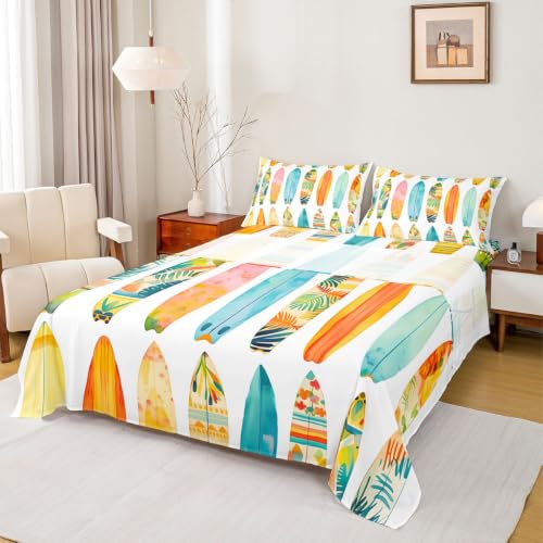 Colorful Surfboard Bed Sheets Set Full Size Beach Style Kids Bedding - Tropical Wave Print