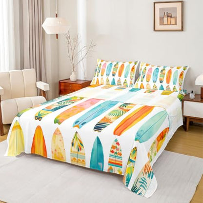 Colorful Surfboard Bed Sheets Set Full Size Beach Style Kids Bedding - Tropical Wave Print