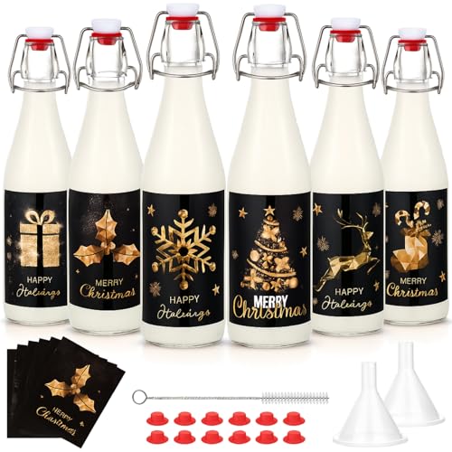 Maxcheck 6 Pack 16oz Swing Top Glass Bottles with Christmas Labels - Black & Gold