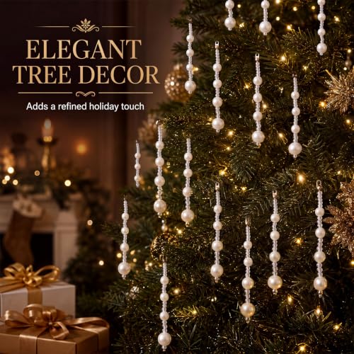Pearl Christmas Tree Ornaments Set - 100 White Beads with Clear String