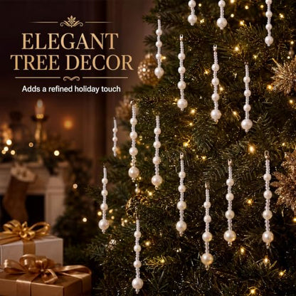 Pearl Christmas Tree Ornaments Set - 100 White Beads with Clear String