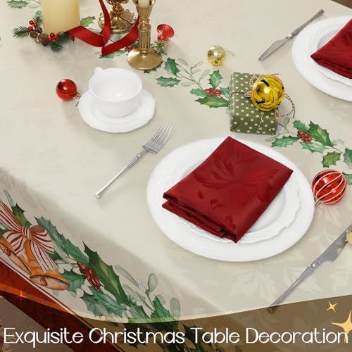 Christmas Jacquard Tablecloth 60x144 Inch - Holiday Holly Bell Design, Green Variation