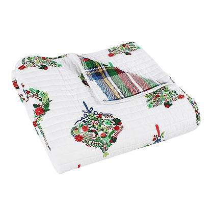 Festive Baubles Holiday Quilt Throw 50x60in Cotton Christmas Decor