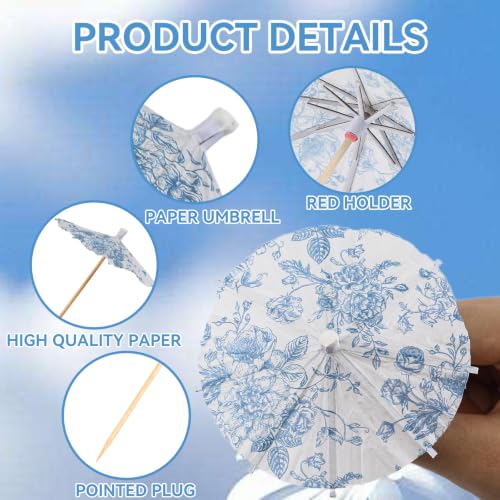 100 Pcs Blue Floral Cocktail Umbrellas & Toothpicks - Vintage Chinoiserie Design