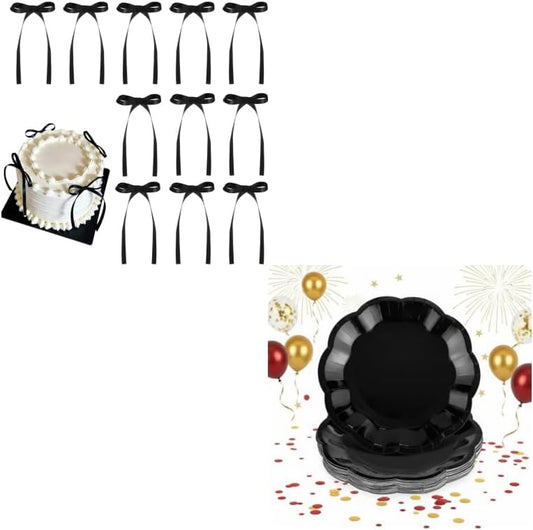 Skiennix 30 Pack Bow Cake Toppers - Elegant Black Paper Plates Included | Perfect for Parties
