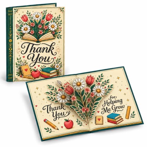 Teacher Appreciation Pop Up Greeting Card with Floral Design - Thank You for Educators