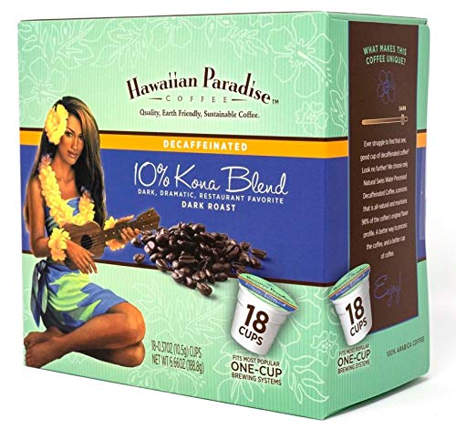 Hawaiian Paradise Coffee 10% Kona Dark Roast Decaffeinated -18 Count Single Serve Cups - Dark & Bold Flavor - Decaf - Compatible with Keurig K-Cup Brewers