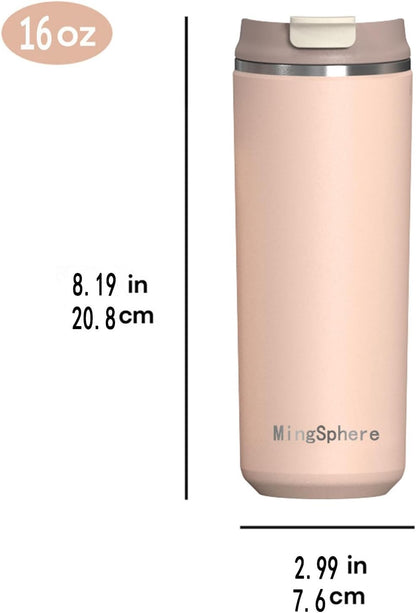 Skiennix Travel Coffee Mug - 16 oz Insulated Tumbler | Leak-Proof Stainless Steel for Hot & Cold Beverages - Pink