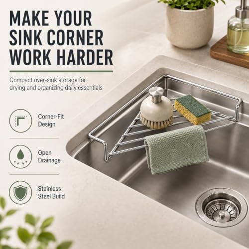 1pc Stainless Steel Corner Sink Shelf Triangular Kitchen Organizer