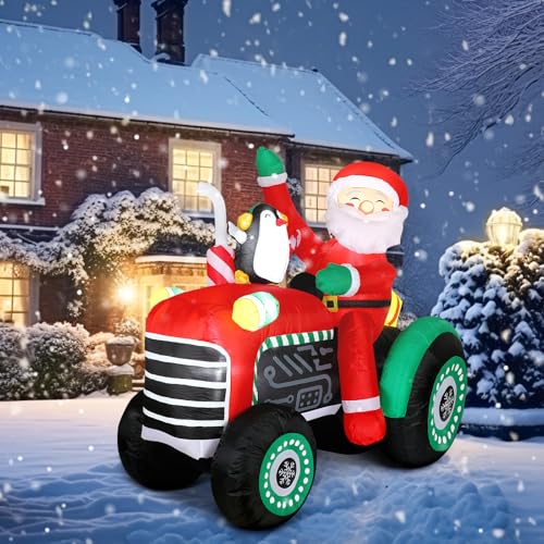 5ft Christmas Inflatable Santa Tractor with Penguin & Lights Outdoor Yard Decor