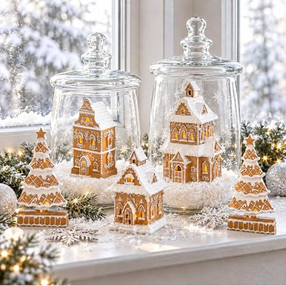 Gingerbread House Christmas Decorations - 5PCS Village Set with Trees - Classic Brown