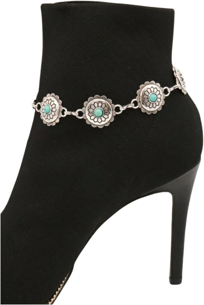 TrendyFashionJewelry Women's Western Boot Bracelet - Silver Chain Anklet with Turquoise Beads & Flower Charms