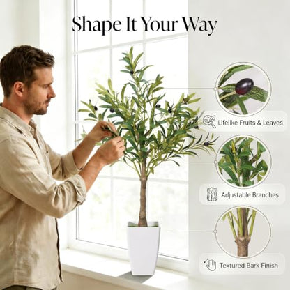 Small Faux Olive Tree 3FT with White Planter - Realistic Artificial Indoor Plant