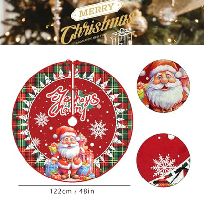 48 Inch Christmas Tree Skirt Green White Snowflake with Santa Red Buffalo Plaid Edge - 48" Plush