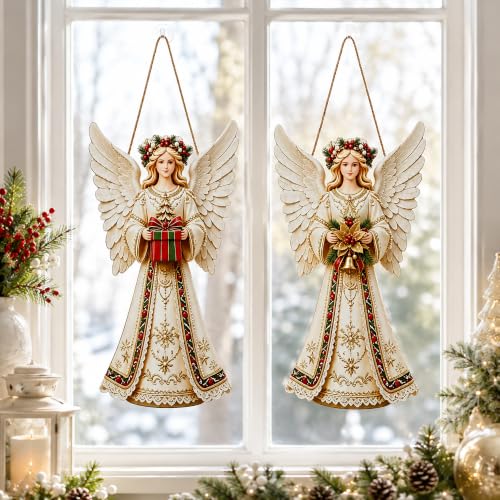 2Pcs Christmas Wooden Angel Door Sign - Foldable Holiday Hanging Decor - Angel Variation